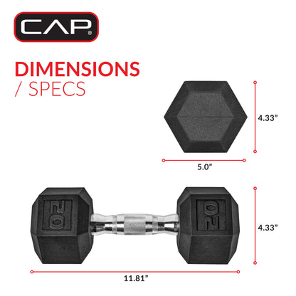 Close-up on the hex dumbbell head showcasing the rubber coating texture, stamped ‘20 lb’ weight marking, and protective edges for safe, durable use over repeated workouts.