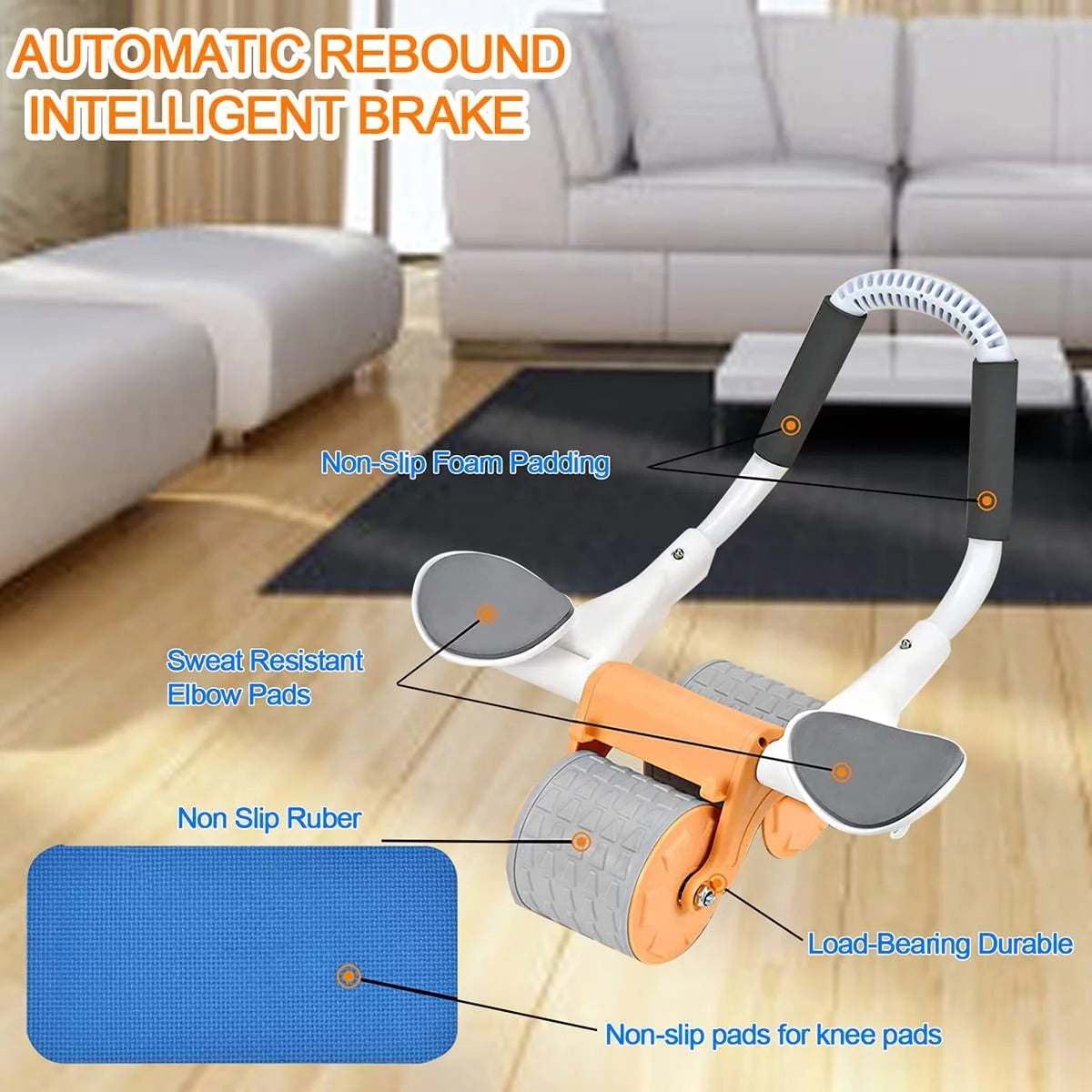 Home gym automatic rebound ab roller with timer and elbow support wheel, built for core muscle training and resilience, durable build to support frequent use in strength routines and abdominal exercises.