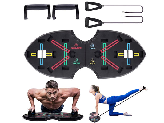 12-in-1 Push Up Rack Board System with resistance bands for home workout and gym training.