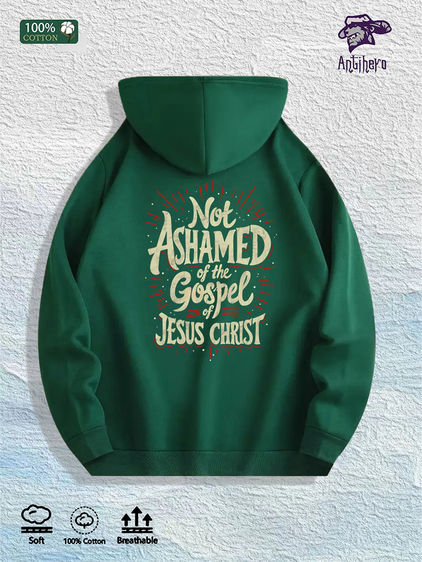 Hood up shot of the hoodie displaying hood shape, drawstrings, seam lines and how it frames the head when worn.