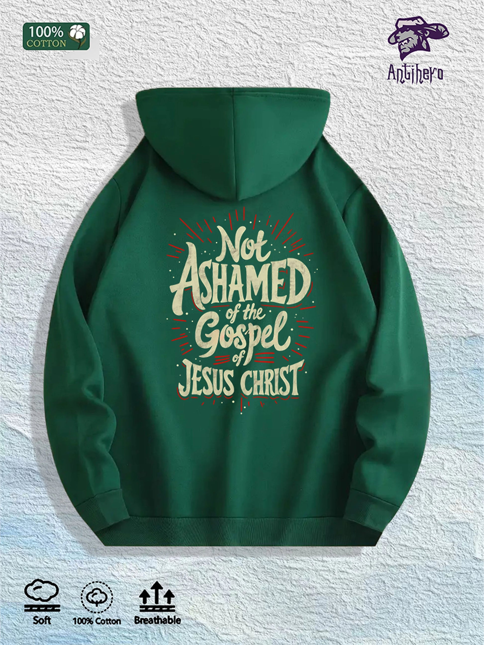 Hood up shot of the hoodie displaying hood shape, drawstrings, seam lines and how it frames the head when worn.