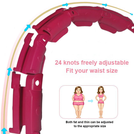 Hoop in indoor fitness room setting, person using weighted sport hoop around core for abdominal exercise and waist training in a home gym.