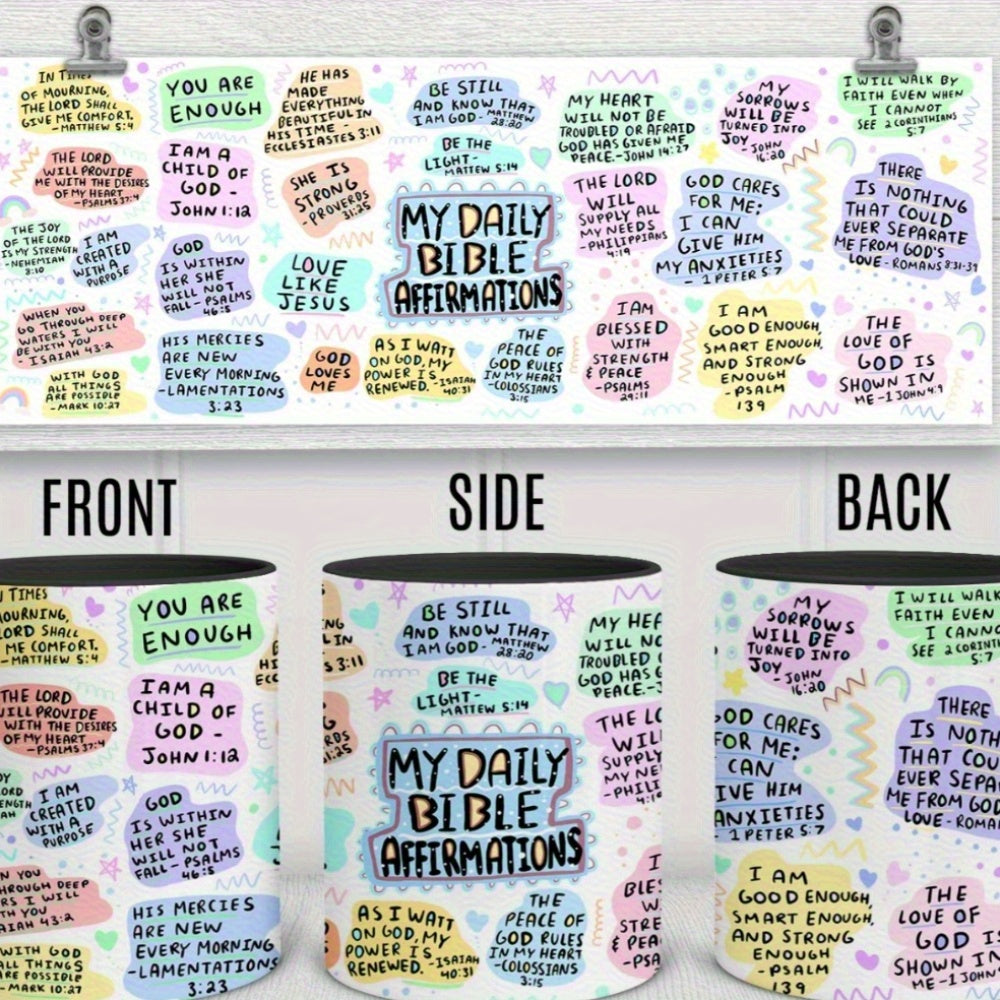 Inside view of the mug filled with coffee or beverage, showing interior color contrast and how it looks in use with scripture visible from the side.