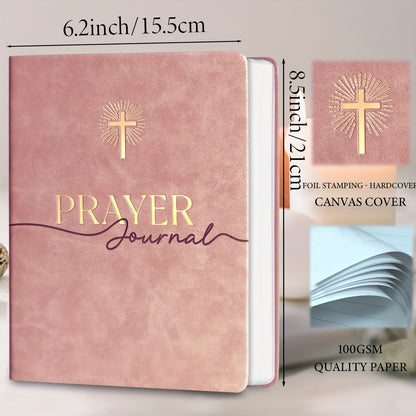Journal opened showing lined pages and scripture prompt section, with visible spacing for date, prayer, reflection entries — ideal layout for 180-day journaling.