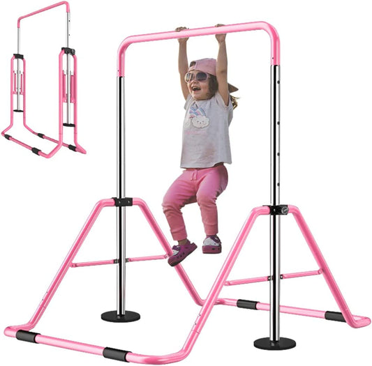 Kids folding horizontal gymnastics bar with adjustable height, designed for home kip training, strength building, and safe compact storage in rooms or studios.