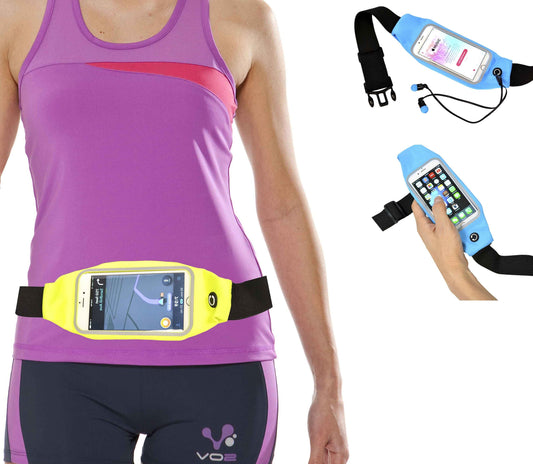 Lightweight running belt / waist pack featuring an earphone outlet, sweatproof material, reflective strips, and adjustable strap design for secure fit during outdoor workouts.