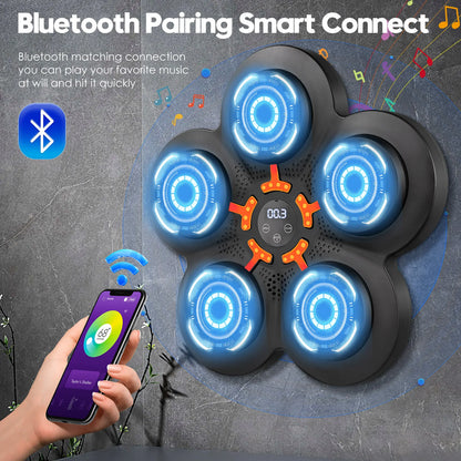 Boxing wall target machine shown connected to a smartphone via Bluetooth, illustrating how the device synchronizes data or music functions with mobile devices.