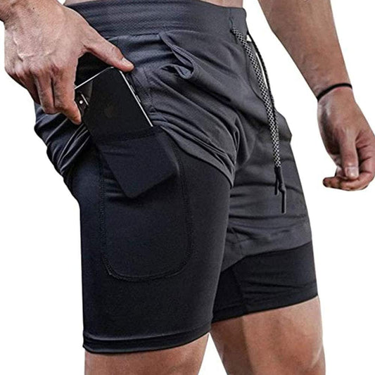 Men’s 2-in-1 stealth running shorts front view showing fitted cut, streamlined design, inner liner visible and outer shell shape for athletic performance.