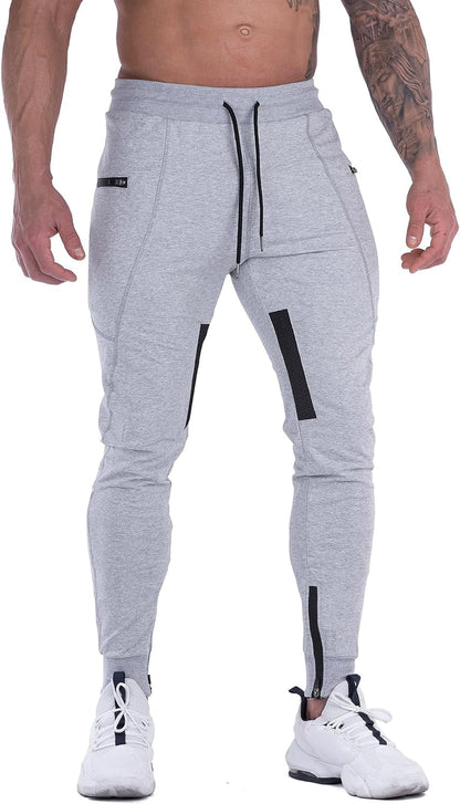Men’s mesh training joggers front view showing tapered fit, breathable mesh panels at sides, stretch waistband, ideal for gym and workout performance.