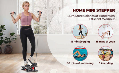 Mini stepper with LCD display and resistance bands in black, showing full unit with dual pedals, bands attached, and digital screen for tracking steps, time and calories.