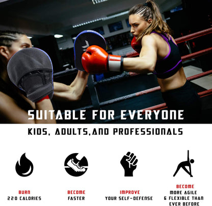 Curved punching mitts laid flat on surface next to other training gear (gloves, wraps) to provide size context and pairing suggestions.