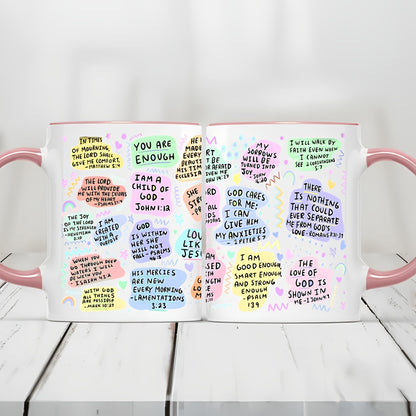 Mug on kitchen counter surrounded by breakfast items (toast, fruit), capturing a lifestyle scene of starting the day with faith and affirmation.