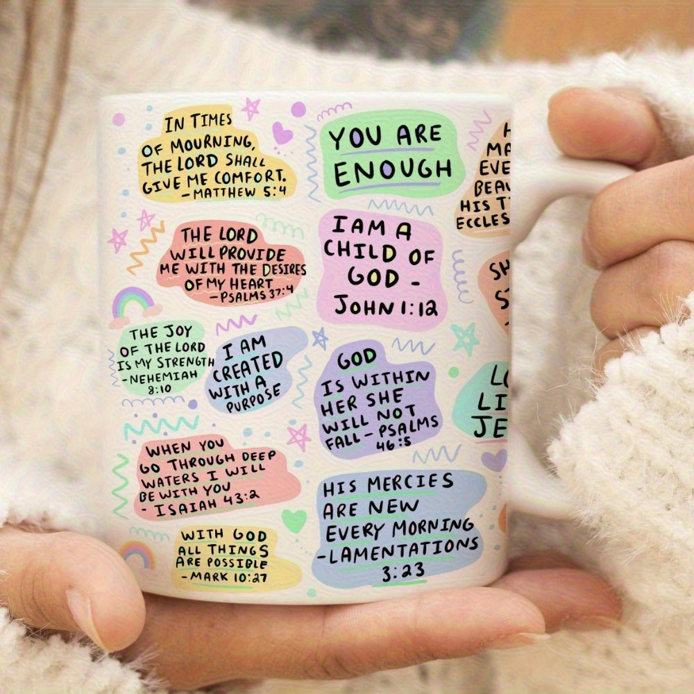 Christian mug placed on a table next to an open Bible, illustrating how the verse design complements devotional time or morning coffee rituals.