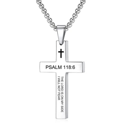 Multiple angle views of the cross pendant (front, three-quarter, side) to show its profile, depth, and how the light plays across its surfaces.