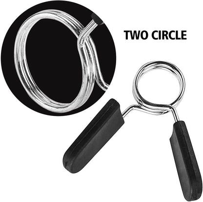 Multiple collars attached to a barbell with plates, demonstration of how plates remain secured during lifts thanks to these 1-inch spring clip collars.