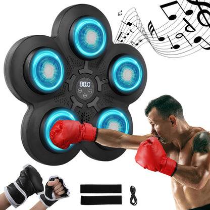 Music boxing machine wall target with 5 LED lights and Bluetooth sensor, showing full unit mounted on a wall with display, sensors and strike pad.
