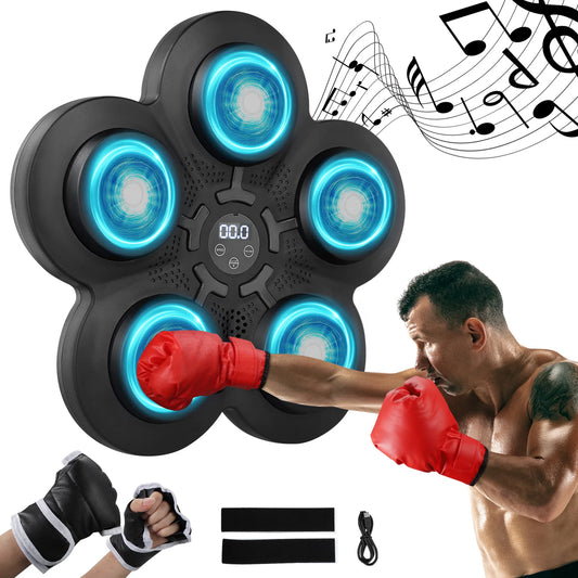 Music boxing machine wall target with 5 LED lights and Bluetooth sensor, showing full unit mounted on a wall with display, sensors and strike pad.