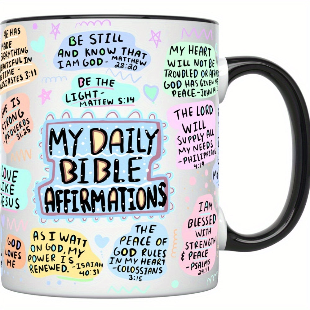 My Daily Christian 11 oz scripture affirmation coffee mug in white ceramic, featuring a Bible verse or faith-based message printed on both sides for believers.