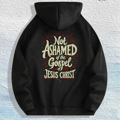 Front view of the ‘Not Ashamed of the Gospel’ Christian hoodie in one of its color options, showing the scripture-inspired bold text across the chest.