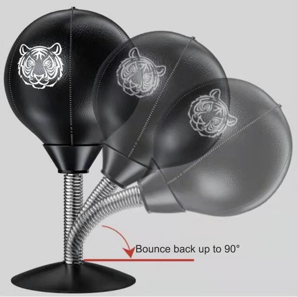 Desk boxing punch ball kit packaged with hand pump, adhesive replacement pads, suction cup attachment, instruction manual included in box.