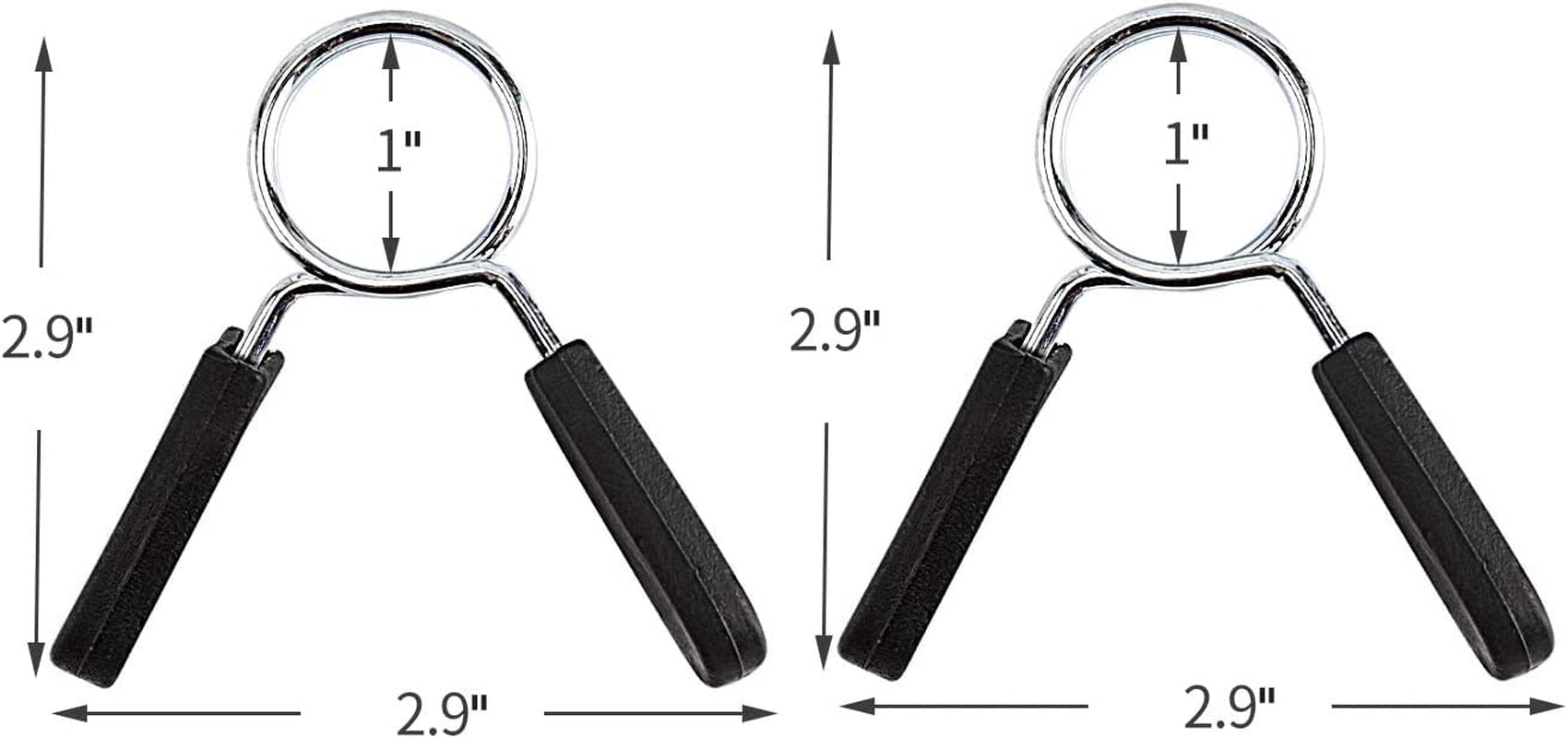 Pair of 1-inch spring clip barbell collars with grip handles for standard barbells and dumbbells, easy-squeeze design to quickly clamp and release plates.