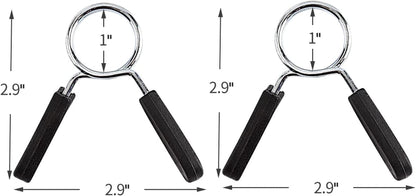Pair of 1-inch spring clip barbell collars with grip handles for standard barbells and dumbbells, easy-squeeze design to quickly clamp and release plates.