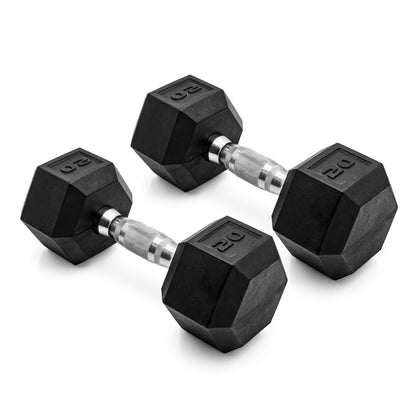 Pair of 20 lb rubber hex dumbbells laid flat on a white background, clearly showing the hexagon-shaped heads and handle shaft for product listing clarity and visual SEO benefit.