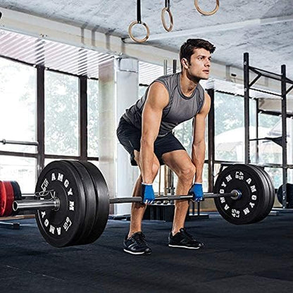 LB bumper plates loaded on an Olympic barbell in a home gym setting, demonstrating fit, finish, and scale when in use on a standard bar.