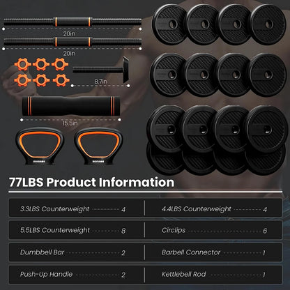 Push-up attachment integration with the dumbbell set — showing base, connector parts, and how it converts into push-up handles for decline / flat push-up variations.