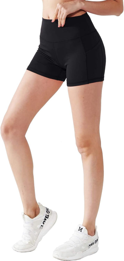 Back view of high waist athletic shorts showing sculpted fit around waist and hips, designed for flattering form and full coverage.