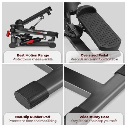 Frame base and structural support of the mini stepper, showing sturdy build, stabilization bars, and materials used to maintain balance during workouts.