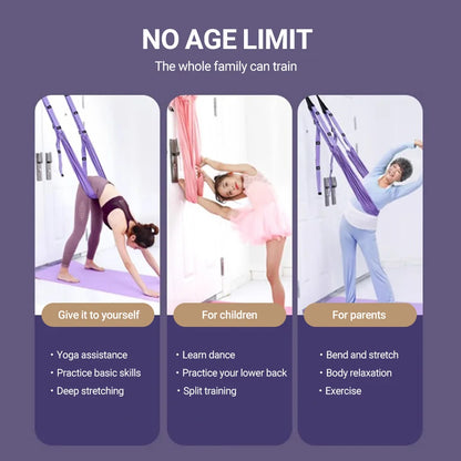 Strap used for splits training and dance stretch inversion equipment in gym setting — flexible aerial strap tool for increasing mobility and strength.