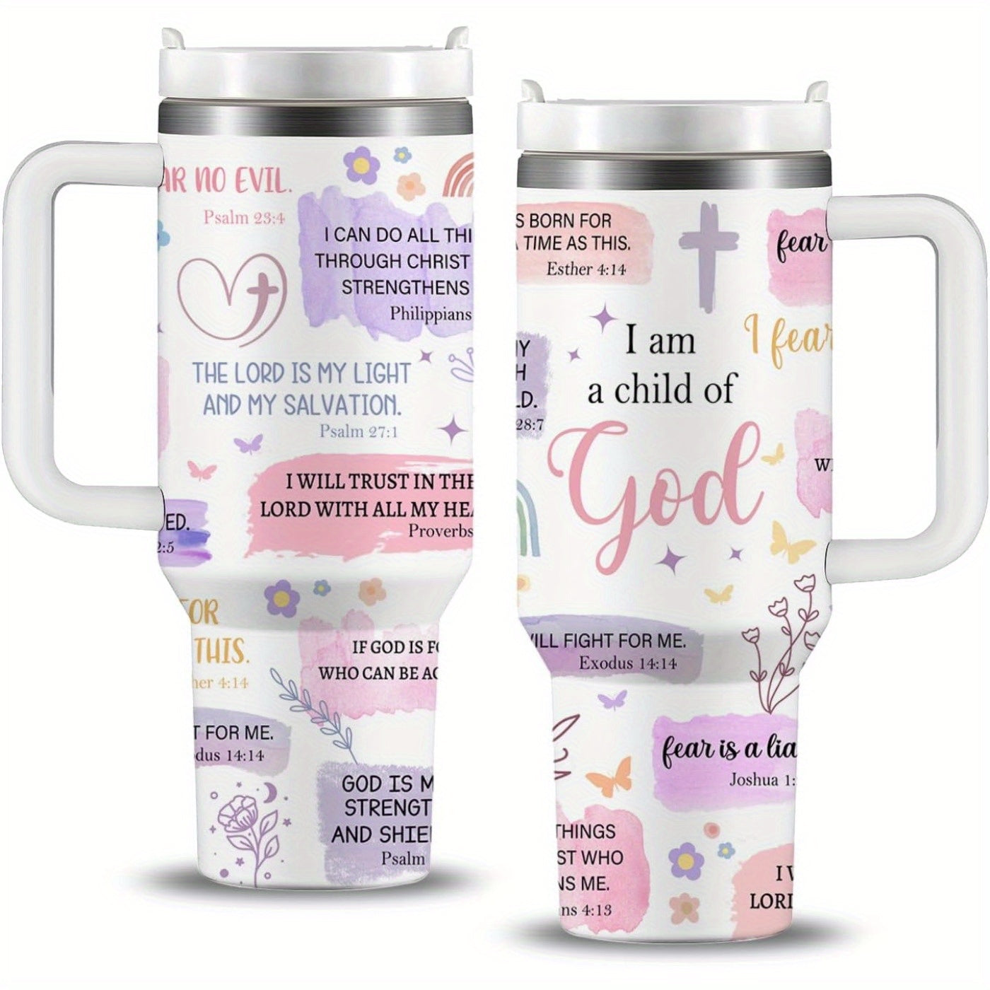Tumbler set in a gift-giving context (with ribbon, in gift box) to highlight its appeal as a Christian gift for women, moms, wives, or sisters.