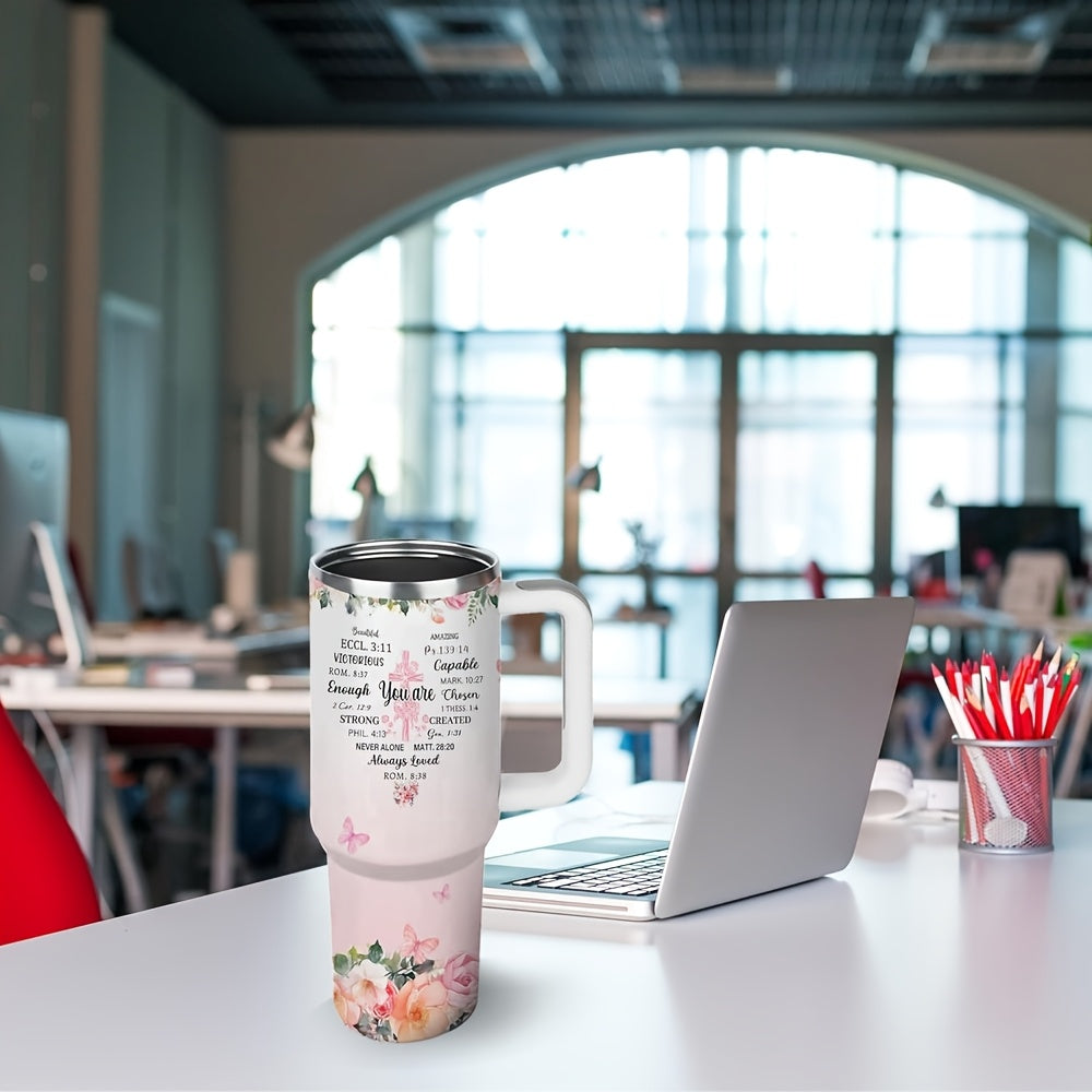 Tumbler on a kitchen counter full of iced drink or hot coffee, showing its use in everyday life and how it holds beverages well