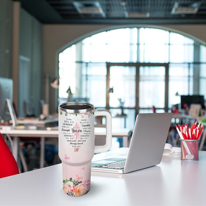 Tumbler on a kitchen counter full of iced drink or hot coffee, showing its use in everyday life and how it holds beverages well