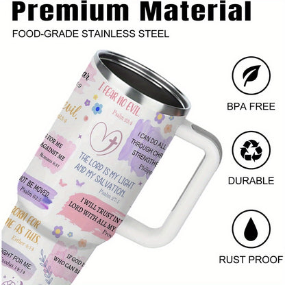Tumbler placed on a table next to a Bible or scripture book, showing how the design complements religious décor or faith settings.