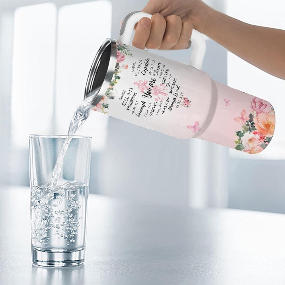 Multiple color or design variants of the same 40 oz inspirational tumbler shown side by side, letting buyers compare options.