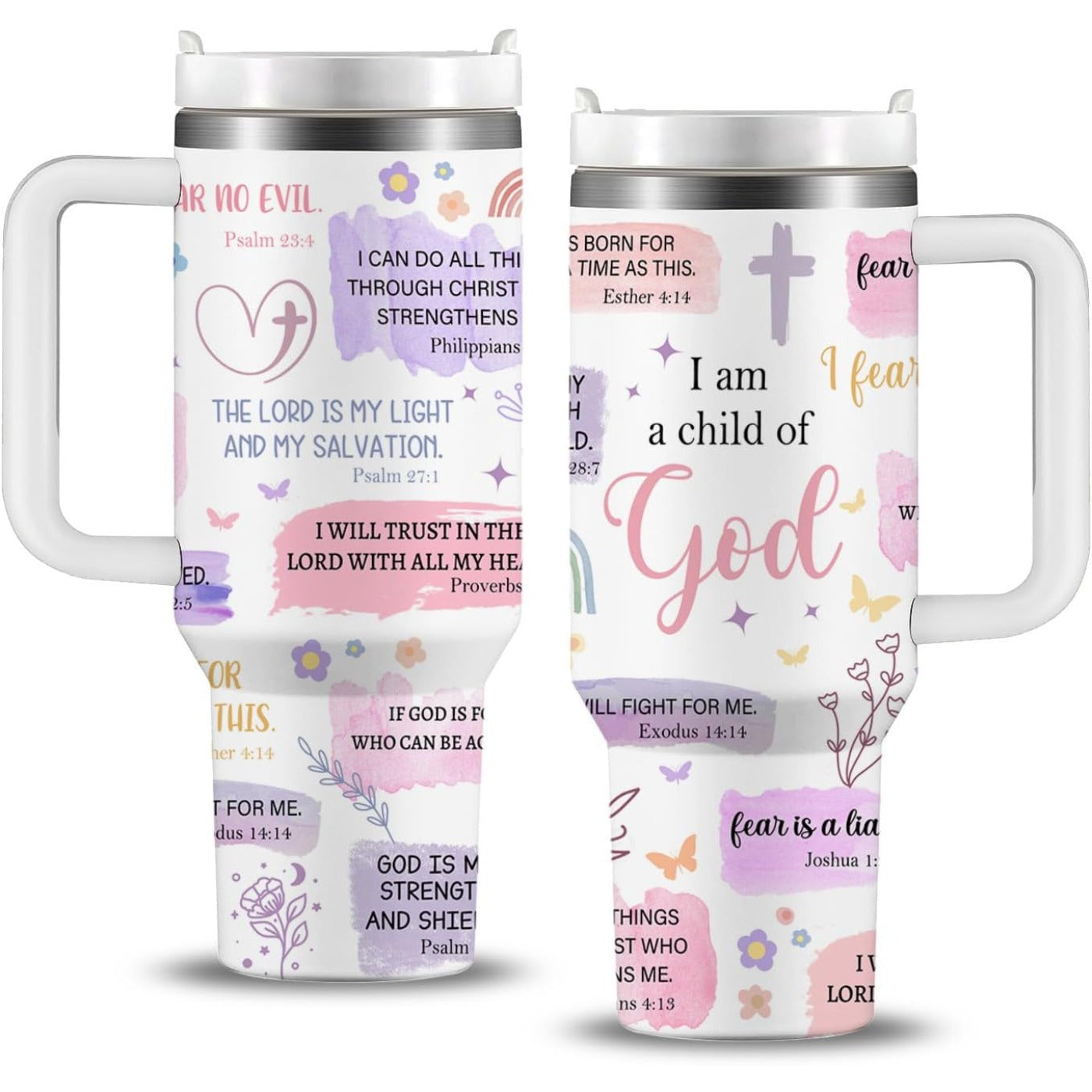 Close-up shot of the tumbler’s body showing the printed scripture verse or faith message, detailing the font, alignment, and print finish.