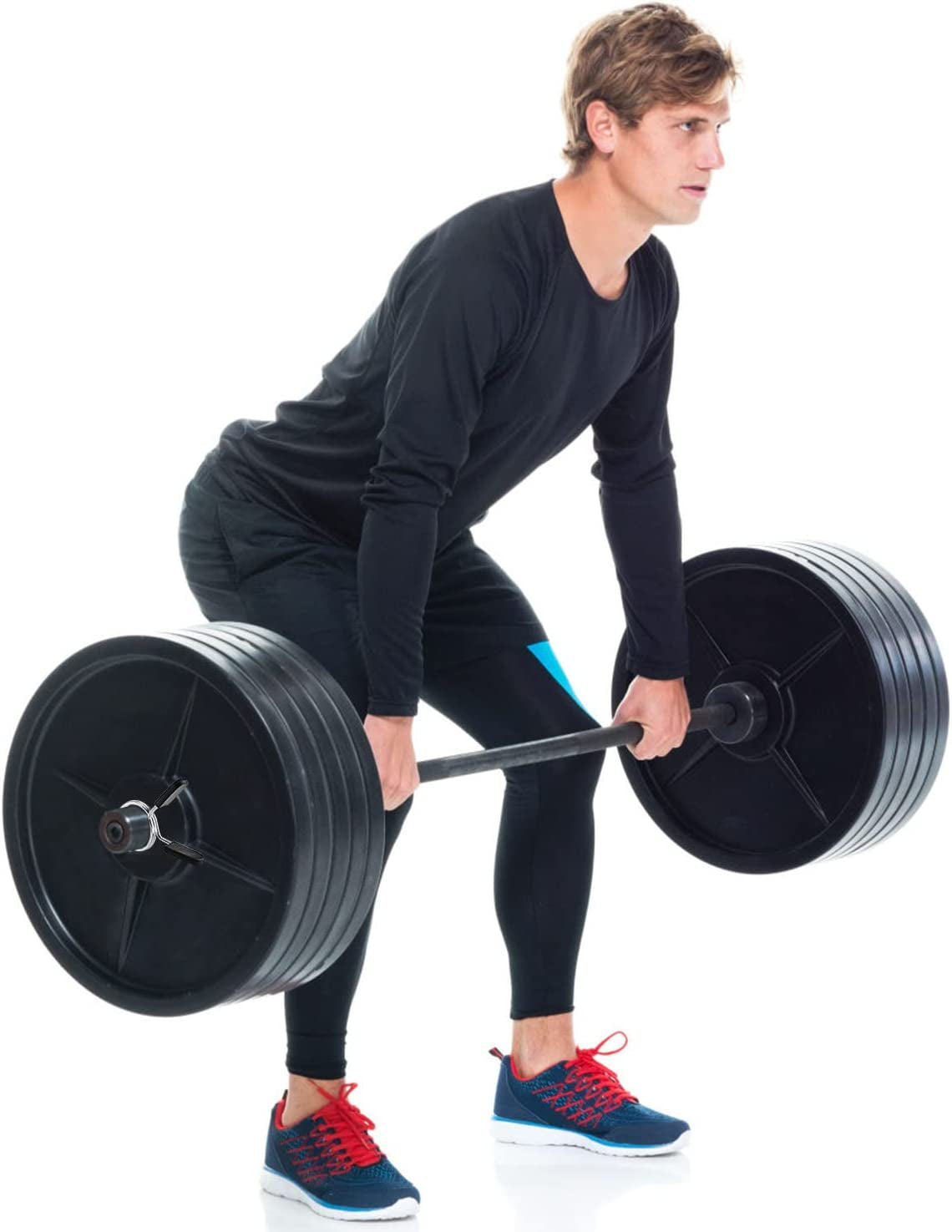 User detaching a collar by squeezing handles to remove it from bar, demonstrating ease of use in loading and unloading plates.