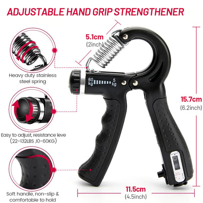 User using the adjustable 5-60 kg hand gripper to train and strengthen grip muscles in a home gym environment, focusing on proper form and progressive resistance.