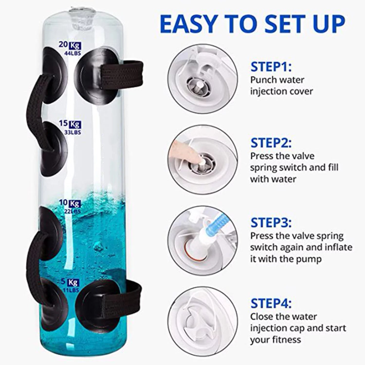 User performing swings or squats with Aqua Bag in a home gym, demonstrating how its water weight shifts and challenges core and balance during movement.