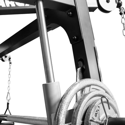 Six Olympic weight plate storage pegs on either side of the cage in MD-9010G, organized layout to hold plates and avoid clutter around your training area.
