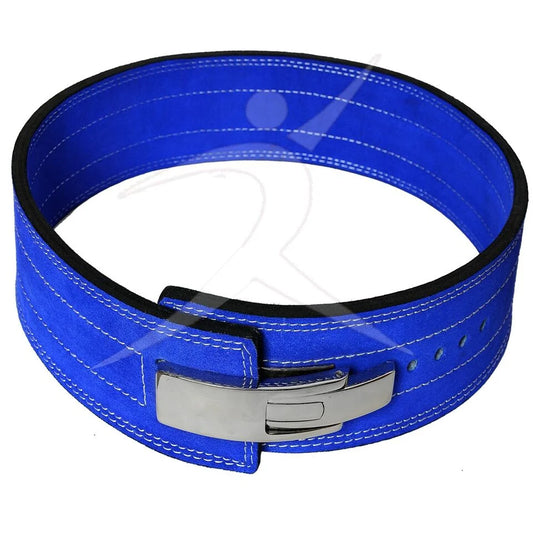 Weight Power Lifting Leather Lever Pro Belt in red, white & blue, 4-inch wide and 10 mm thick premium leather, professional powerlifting support belt for heavy gym lifting and strength training.