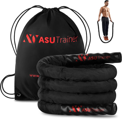 Weighted jump rope 4-5 lb with protective nylon sleeve and carry bag, ideal for fitness training, home cardio workouts, endurance circuits, and portable strength routines.