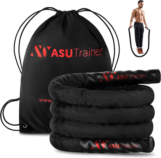 Weighted jump rope 4-5 lb with protective nylon sleeve and carry bag, ideal for fitness training, home cardio workouts, endurance circuits, and portable strength routines.
