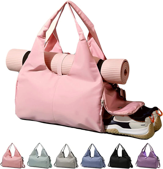 Black yoga gym duffel bag for women with built-in yoga mat holder, shoe compartment, and wet/dry pockets — ideal for fitness, travel, and gym use.